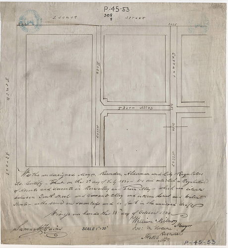 Plan, We the undersigned Mayor, Recorder, Alderman and City Regulator do certify – That on the 3d day of July 1830 – We did establish a Regulation of Ascents and descents in Rose Alley and Thorn alley – which are situated between Tenth Street and Currant Alley and between Second and Walnut Streets – as the same are described and set forth in the annexed draft. Witness our hands the 18th day of October 1830 ... 