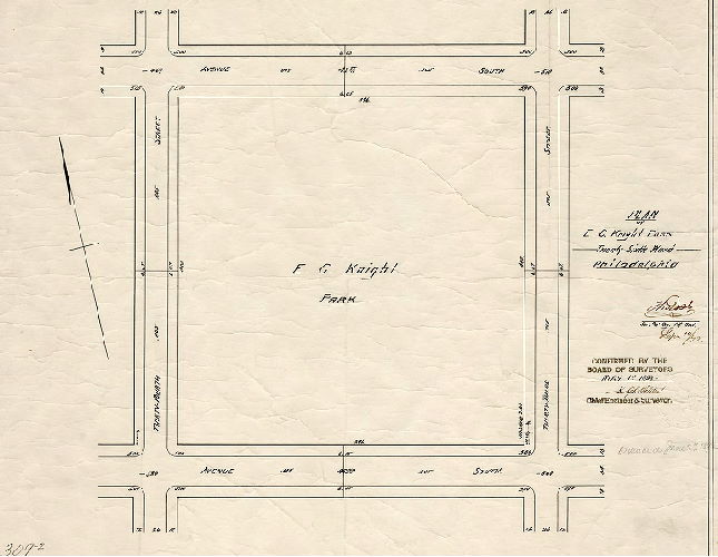 Plan, Plan of E. C. Knight Park, Twenty-sixth Ward, Philadelphia [Ordinance June 27, 1892; survey returned Sept. 14, 1892; confirmed May 1, 1893]