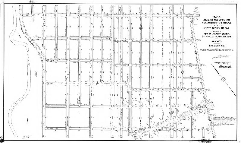Plan, Plan revising the lines and establishing the grades upon City Plan No. 314 bounded by 89th St., Darby Creek, 90th St. and Tinicum Ave. 40th Ward, Philadelphia [Ordinance Oct. 4, 1916; confirmed Oct. 20, 1919]