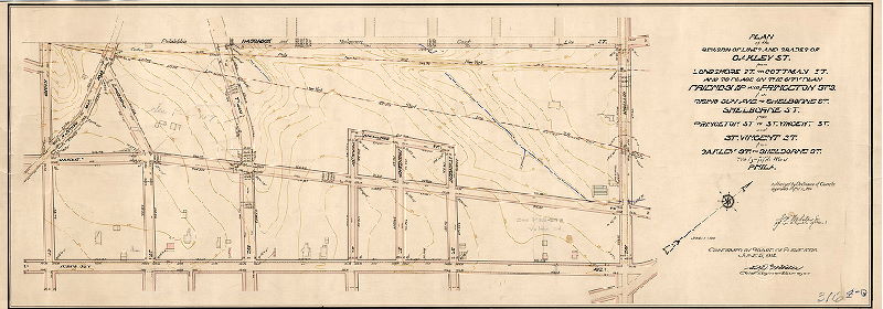 Plan, Plan of the revision of lines and grades of Oakley St. from Longshore St. to Cottman St. and to place on the City Plan Friendship and Princeton Sts. from Rising Sun Ave. to Shelborne St., Shelborne St. from Princeton St. to St. Vincent St., and St. Vincent St. from Oakley St. to Shelborne St. Thirty-fifth Ward, Phila. [Ordinance April 15, 1914; confirmed June 5, 1914]