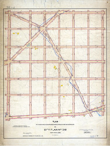 Plan, Plan revising lines and grades and establishing new streets on City Plan No. 318, Thirty-fifth Ward Philadelphia. Portions of former City Plans 318 and 315 [Ordinances Sept. 21, 1887 and Nov. 4, 1908; survey returned May 21, 1909; confirmed June 28, 1909]