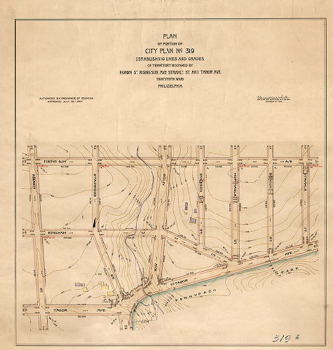 Plan, Plan of portion of City Plan No. 319 establishing lines and grades of territory bounded by Rhawn St., Rising Sun Ave., Strahle St. and Tabor Ave. Thirty-fifth Ward, Philadelphia [Ordinance July 20, 1907; survey returned Dec. 17, 1909; no confirmation date] 
