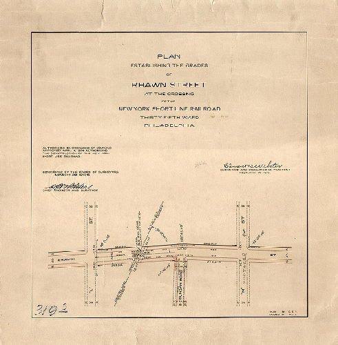 Plan, Plan establishing the grades of Rhawn Street at the crossing of the New York Short Line Railroad, Thirty-fifth Ward, Philadelphia [Ordinance April 4, 1904; survey returned Feb. 19, 1906; confirmed March 26, 1906]