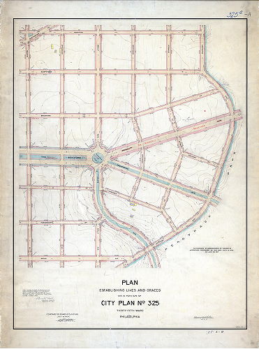 Plan (alternate image), Plan establishing lines and grades on a portion of City Plan No. 325, Thirty-fifth Ward, Philadelphia [Ordinance July 20, 1907; survey returned May 21, 1909; confirmed July 19, 1909] 