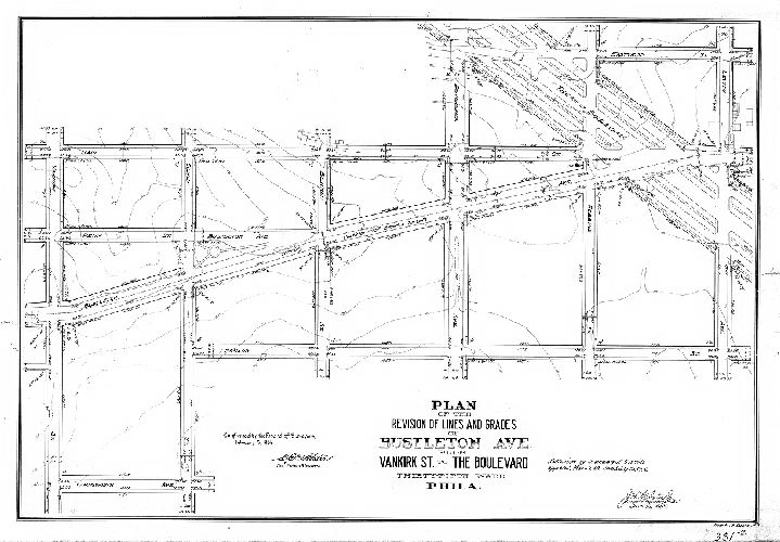 Plan, Plan of the revision of lines and grades of Bustleton Ave. from Vankirk St. to The Boulevard, Thirty-fifth Ward, Phila. [Ordinances July 26, 1904 and March 29, 1905; survey returned June 16, 1905; confirmed Feb. 5. 1906]