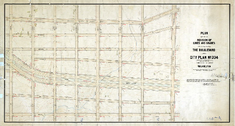 Plan, Plan of the revision of lines and grades and placing The Boulevard upon City Plan No. 334 (parts of former Plans 259, 260 and 276), Thirty-fifth Ward Philadelphia [Ordinance Dec. 24, 1902; survey returned Dec. 7, 1903; confirmed July 11, 1904]