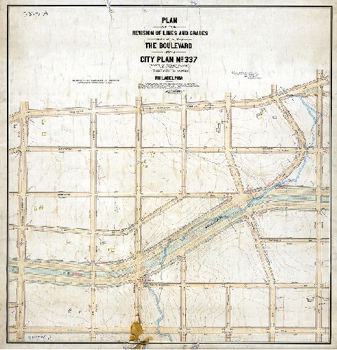 Plan, Plan of the revision of lines and grades and placing the Boulevard upon City Plan No. 337 (parts of former Plans 276, 277 and 325) Thirty-fifth Ward Philadelphia [Ordinance Dec. 24, 1902; survey returned Dec. 7, 1903; confirmed July 11, 1904]