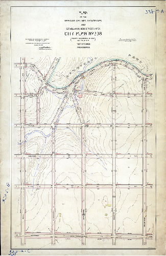 Plan (alternate image), Plan of the revision of lines and grades and establishing new streets upon City Plan No. 338 (parts of former Plans Nos. 276 & 277), Thirty-fifth Ward, Philadelphia [Ordinances April 7, 1893 and Dec. 24, 1902; survey returned May 15, 1908; confirmed March 15, 1909]