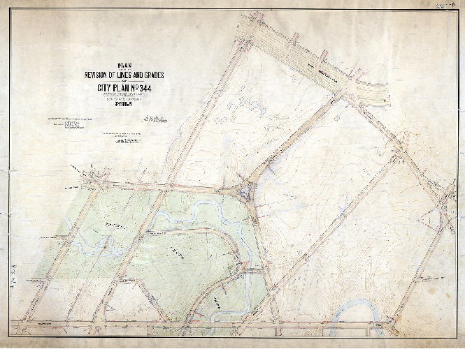 Plan, Plan of the revision of lines and grades of city plan no 344 (parts of former city plans 232, 241 and 256) 23rd, 35th and 42nd Wards Phila. [Five ordinances from 1891 to 1902; confirmed June 21, 1909]
