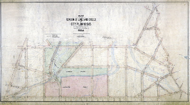Plan, Plan of the Revision of lines and grades of City Plan No. 345 (Parts of Former City Plans 222, 223, 241 and 256) 23rd, 33rd, 42nd and 35th Wards Philadelphia [Ordinances 1891 to 1902; confirmed June 28, 1909]