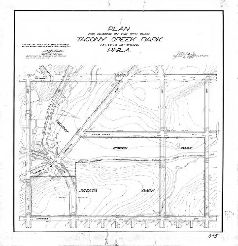 Plan, Plan for placing on the City Plan Tacony Creek Park, 33rd, 35th & 42nd Wards, Phila. [Ordinance June 20, 1908; survey returned Aug. 21, 1908; confirmed Nov. 16, 1908]