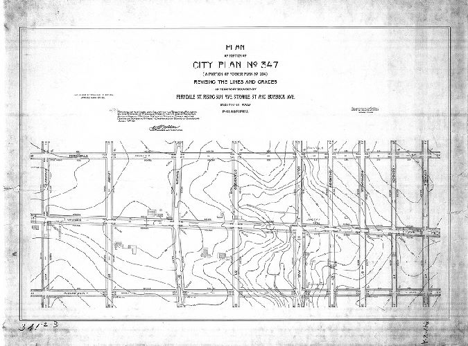 Plan, Plan of portion of City Plan No. 347 (a portion of former Plan No. 294) revising the lines and grades of territory bounded by Ferndale Ave., Rising Sun Ave., Strahle St. and Borbeck Ave. Thirty-fifth Ward, Philadelphia [Ordinance March 23, 1905; survey returned Dec. 17, 1909; confirmed April 3, 1911]