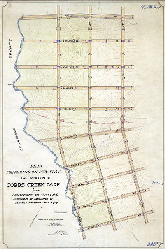 Plan (alternate image), Plan for placing on City Plan the portion of Cobbs Creek Park from Lansdowne Ave. to City Ave [Ordinance Nov. 5, 1909; survey returned Dec. 23, 1909; confirmed March 2, 1910]
