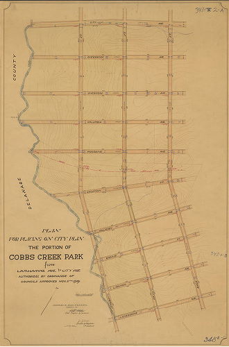Plan, Plan for placing on City Plan the portion of Cobbs Creek Park from Lansdowne Ave. to City Ave [Ordinance Nov. 5, 1909; survey returned Dec. 23, 1909; confirmed March 2, 1910]