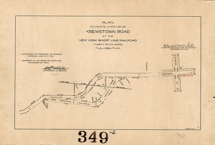Plan, Plan to vacate a portion of Krewstown Road at the New York Short Line Railroad, Thirty-fifth Ward, Philadelphia [Ordinance June 24, 1905; survey returned Sept. 16, 1905; confirmed Nov. 6, 1905]