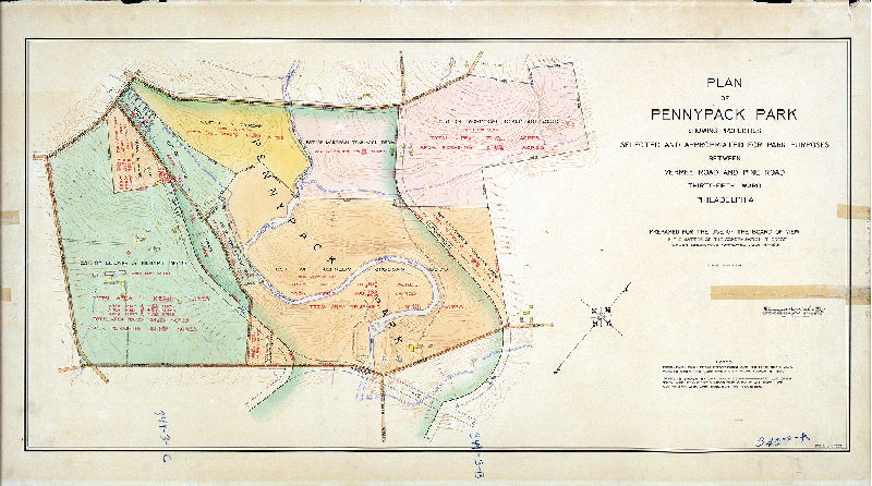 Plan (alternate image), Plan of Pennypack Park showing properties selected and appropriated for Park purposes between Verree Road and Pine Road, Thirty-fifth Ward, Philadelphia. Prepared for the Board of view in the matter of the condemnation thereof under ordinance approved July 16th, 1915. [Survey returned May 25, 1916; confirmed; 