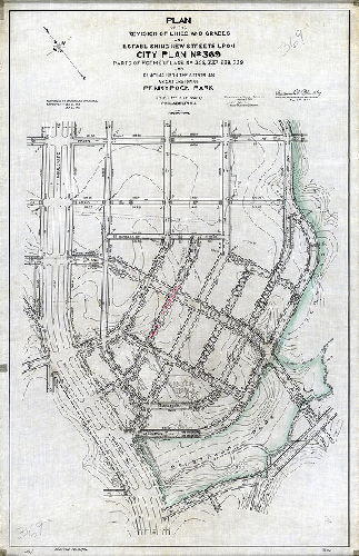 Plan, Plan of the revision of lines and grades and establishing new streets upon City Plan No. 369 parts of former Plans No. 325, 337, 338, 339, and placing upon the City Plan an extension of Pennypack Park, Thirty-fifth Ward Philadelphia [Ordinances Dec. 22, 1915 and Jan. 23, 1917; survey returned Dec. 15, 1924; confirmed March 2, 1925. No color in original]