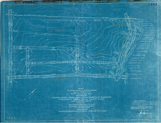 Plan, Plan to establish the lines and grades upon a portion of City Plan No. 383 bounded by Southampton Road, New York Short Line Railroad, Poquessing Creek (Bucks County Lines) and Carter Road … Thirty-fifth Ward, Philadelphia. [Ordinance Oct. 5, 1949; confirmed March 6, 1950. Originally numbered P-17-20] 