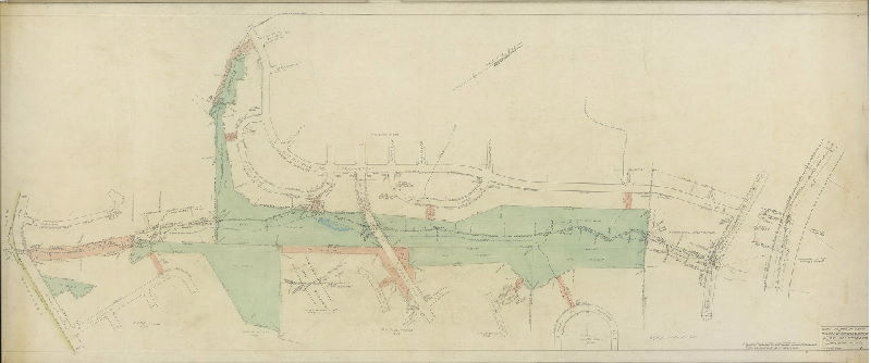 Plan, City Plans Division, Bureau of Surveys and Design, Department of Streets, Jan. 28th, 1957. C.P. 393 & 398. 1. [Drainage area of what is commonly called Darlington Run, a Pennypack tributary, from Welsh Road to Bloomfield Street. Plan probably related to construction of interceptor sewer in 1950s.] 