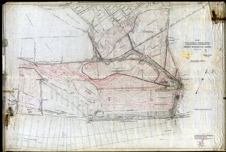 Plan, Plan showing boundaries - topography- buildings existing water front improvements, etc. proposed Metropolitan Airport 