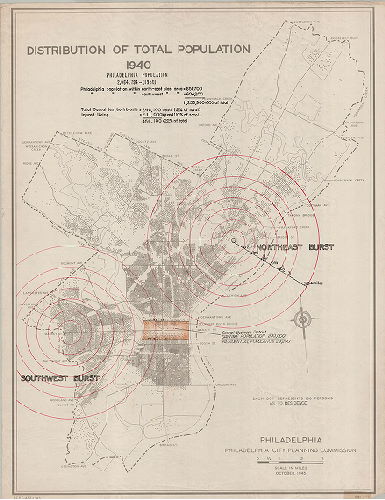 Plan, Philadelphia. Philadelphia City Planning Commission. Distribution of total population, 1940. Philadelphia, population 2,064,794 (1950). Philadelphia population within north-east blast area - 651,700 … within south-west blast area = 604,200. 1,256,900 = 60% of total. Total casualties, both blasts - 246,100 dead (12% of total). Injured living, both blasts = 211,000 injured (10% of total). 456,100 - 22% of total. 