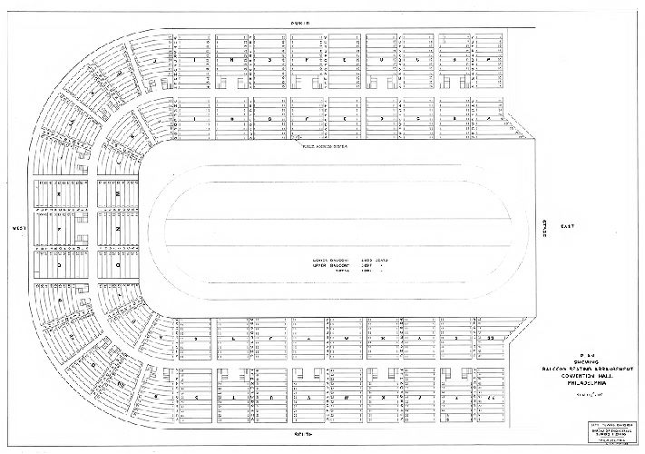 Plan, Plan showing balcony seating arrangement, Convention Hall, Philadelphia. City Plans Division, Bureau of Engineering, Surveys & Zoning, Philadelphia. L. J. M. 1-4-38