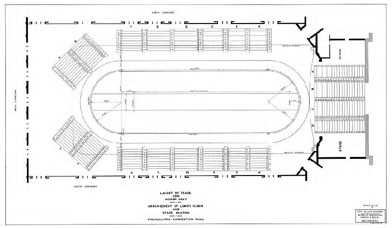 Plan, Layout of track for indoor meet. Arrangement of lower floor and stage seating. Philadelphia Convention Hall. City Plans Division, Bureau of Engineering, Surveys & Zoning, Philadelphia. L. J. M. 12-22-37