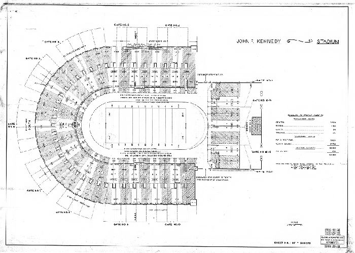 Plan, John F. Kennedy Stadium [General Summary] Sheet No. 1 of 7 sheets. Plans and Registry Division, Bureau of Engineering, Surveys, Zoning. October '36. Revised [to] Aug. 1963