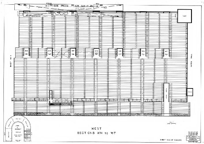 Plan, [John F. Kennedy Stadium] West Sections WN to WT. Sheet No. 3 of 7 sheets. Plans and Registry Division, Bureau of Engineering, Surveys, Zoning. October '36. Revised [to] Aug. 1963
