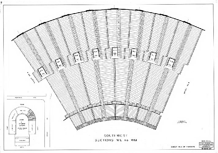 Plan, [John F. Kennedy Stadium] Southwest Sections - WE to WM. Sheet No. 4 of 7 sheets. Plans and Registry Division, Bureau of Engineering, Surveys, Zoning. October '36. Revised [to] Dec. 1959