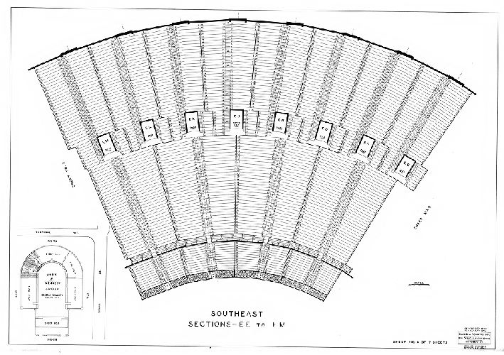 Plan, [John F. Kennedy Stadium] Southeast Sections - EE to EM. Sheet No. 6 of 7 sheets. Plans and Registry Division, Bureau of Engineering, Surveys, Zoning. October '36. Revised [to] Dec. 1959
