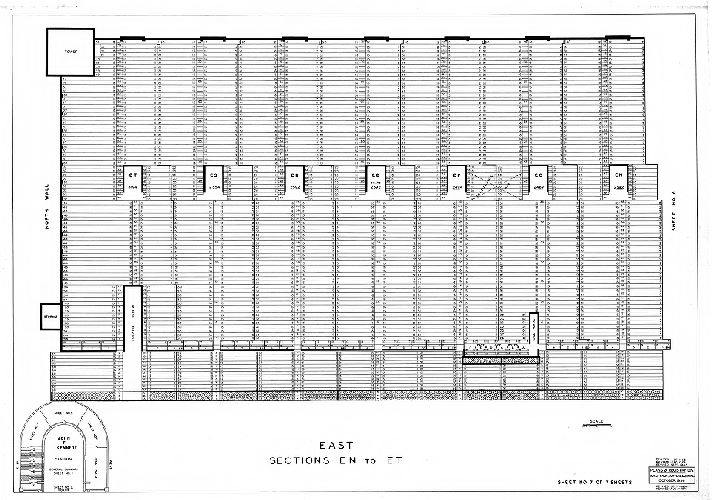 Plan, [John F. Kennedy Stadium] East Sections EN to ET. Sheet No. 7 of 7 sheets. Plans and Registry Division, Bureau of Engineering, Surveys, Zoning. October '36. Revised [to] Aug. 1963