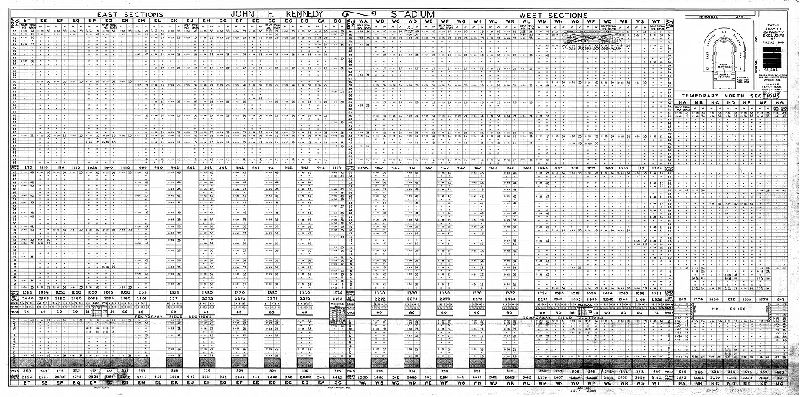 Plan, John F. Kennedy Stadium. Total seating capacity exclusive of Press Box: 98,604. Plans & Registry Division, Bureau of Engineers, Surveys, Zoning, October 1936. Revised [to] Aug. 1963. 
