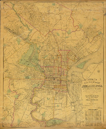 Plan (alternate image), Noll's new official guide map of Philadelphia from the latest official surveys & records, showing elevations lines, ward lines, streets, roads, rivers &c. & steam railways, public & private institutions, places of interest, &c. Published by E. P. Noll & Co. ... 1888