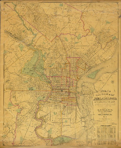 Plan, Noll's new official guide map of Philadelphia from the latest official surveys & records, showing elevations lines, ward lines, streets, roads, rivers &c. & steam railways, public & private institutions, places of interest, &c. Published by E. P. Noll & Co. ... 1888