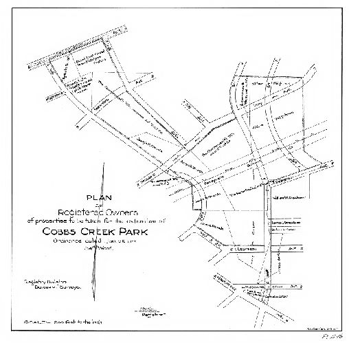 Plan, Plan of registered owners of properties to be taken for the extention [sic: extension] of Cobbs Creek Park. Ordinance dated Jan. 25, 1917. 34th Ward. Registry Division, Bureau of Surveys. P-5-16