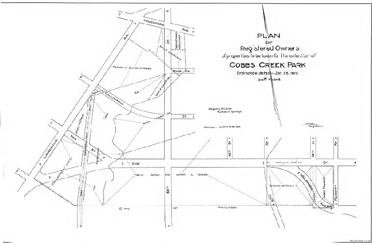 Plan, Plan of registered owners of properties to be taken for the extention [sic: extension] of Cobbs Creek Park. Ordinance dated Jan. 25, 1917. 34th Ward. Registry Division, Bureau of Surveys. 
