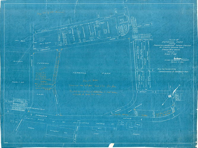 Plan, Plan of Fernhill Park showing properties and buildings thereon erected on streets bounding same. 22nd and 38th Wards, Phila. … Made for the use of the Commissioners of Fairmount Park [Survey returned March 7, 1916]
