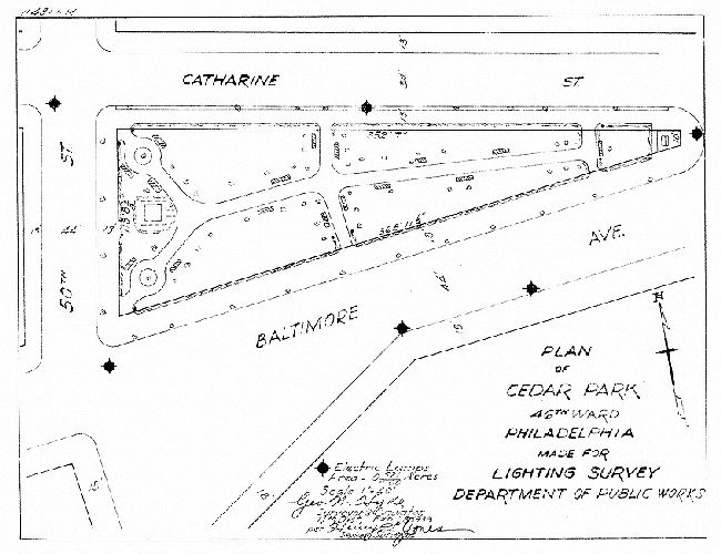 Plan, Plan of Cedar Park, 46th Ward, Philadelphia. Made for Lighting Survey, Department of Public Works. 