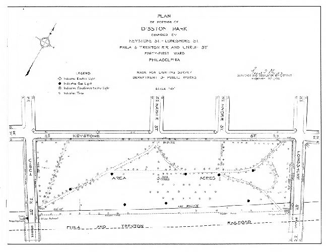 Plan, Plan of a portion of Disston Park bounded by Keystone St., Longshore St., Phila. and Trenton R.R. and Unruh St., Forty-first Ward Philadelphia. Made for Lighting Survey, Department of Public Works. 