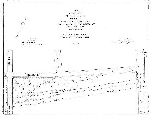 Plan, Plan of a portion of Disston Park bounded by Keystone St., Princeton St., Phila. and Trenton R.R. and Longshore St., Forty-first Ward Philadelphia. Made for Lighting Survey, Department of Public Works. 