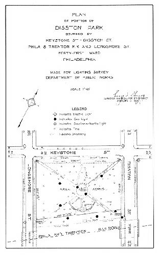 Plan, Plan of a portion of Disston Park bounded by Keystone St., Disston St., Phila. and Trenton R.R. and Disston St., Forty-first Ward Philadelphia. Made for Lighting Survey, Department of Public Works. 