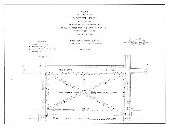 Plan, Plan of a portion of Disston Park bounded by Keystone St., Unruh St., Phila. and Trenton R.R. and Magee St., Forty-first Ward Philadelphia. Made for Lighting Survey, Department of Public Works. 