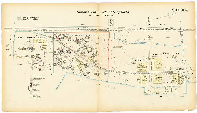 Phoenix Petroleum Works (Gibson's Point Oil Works and Yards); Franklin Oil Works (Gibson's Point Oil Works and Yards); Harkness Oil Refinery (Gibson's Point Oil Works and Yards); M. Lloyd Oil Storage & Filling Shed (Gibson's Point Oil Works and Yards), Hexamer General Surveys, Volume 10