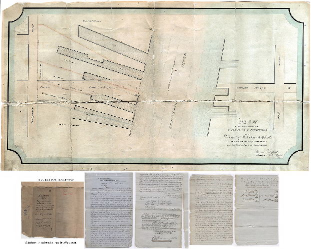 Plan, Plan of the eastern terminus of Chesnut [Chestnut] Street in the District of West Philadelphia, extending from the east line of Bridgewater St. to the Port Warden's Line in the River Schuylkill [Report attached]