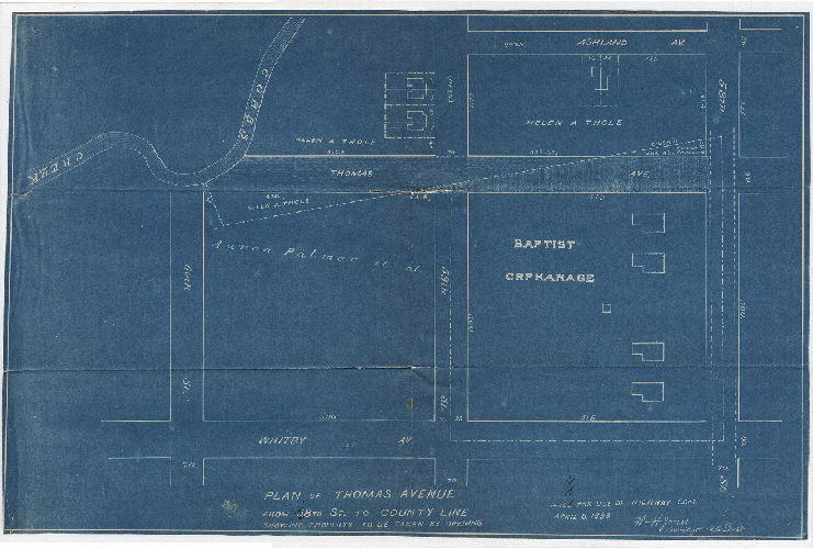 Plan, Plan of Thomas Avenue from 58th St. to County Line showing property to be taken by opening. Made for use of the Highway Com. April 8, 1893. Wm. H. Jones, Surveyor 12th Dist. [Shows Cobb's Creek and street that replaced Thomas Run]