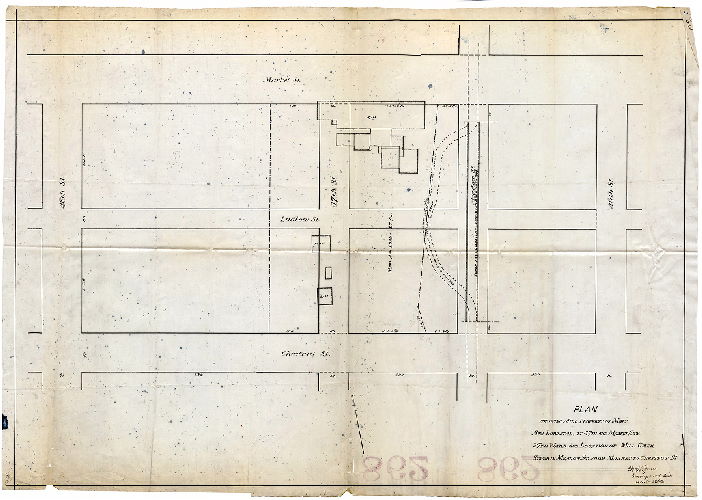 Plan, Plan showing mill property of Mary Ann Lord et al., at 47th and Market Sts., 27th Ward, ad location of Mill Creek Sewer in Meadow St. from Market to Chestnut St.