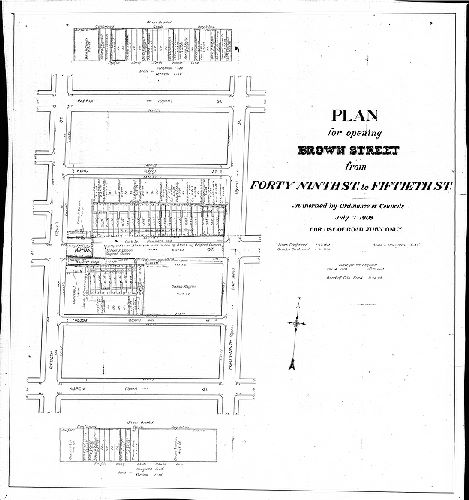 Plan, Plan for opening Brown Street from Forty-ninth St. to Fiftieth St. For use of the Road Jury only. [Ordinance July 7, 1908; lines confirmed July 17, 1858; grades confirmed Jan. 6, 1896; survey returned Nov. 4, 1909]