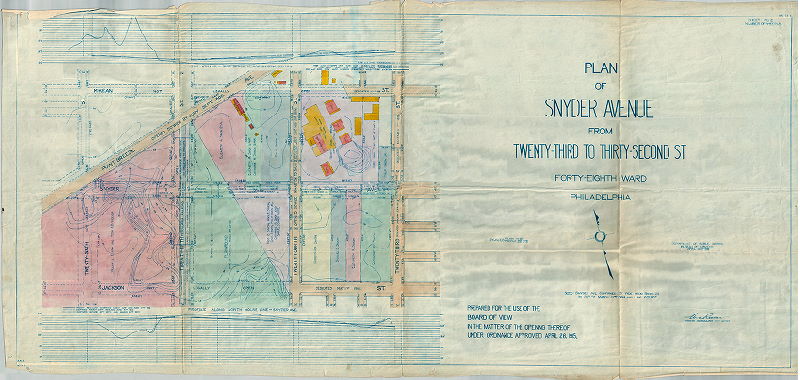 Plan, Plan of Snyder Avenue from Twenty-third to Thirty-second St., Forty-eight Ward, Philadelphia. Prepared for use of the Board of View in the matter of the opening thereof under ordinance approved April 26, 1915.