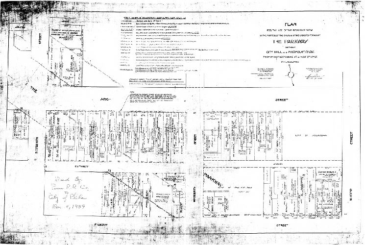 Plan, Plan for use of the Board of View in the matter of the opening of the unopened portion of The Parkway between City Hall and Fairmount Park, portion between Broad St. & west of 16th St., Philadelphia [Ordinances March 28, 1903; June 27, 1904; June 8, 1909]
